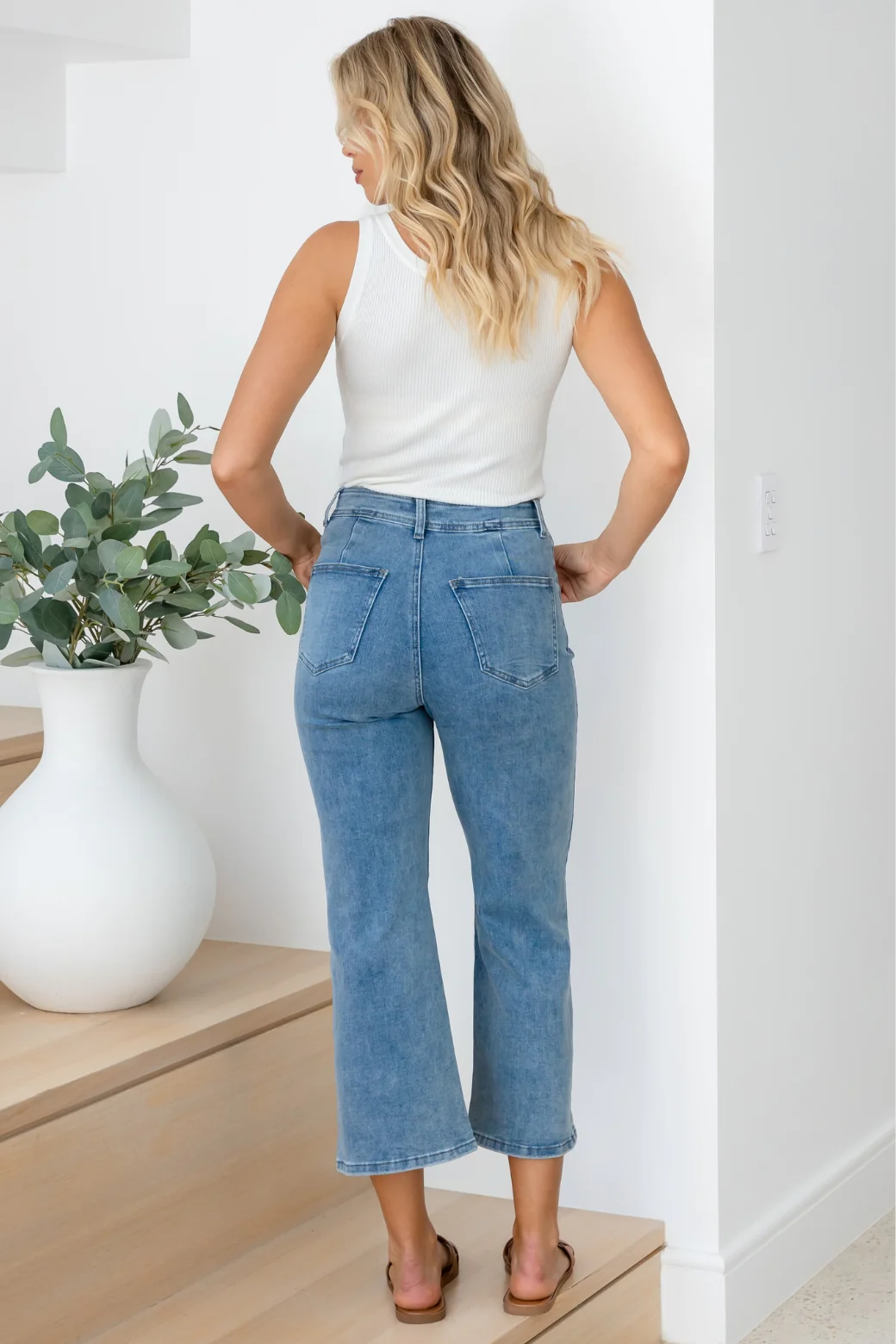 Chloe Stretch Wide Leg Crop Jeans Mid Blue Wash - Image 10