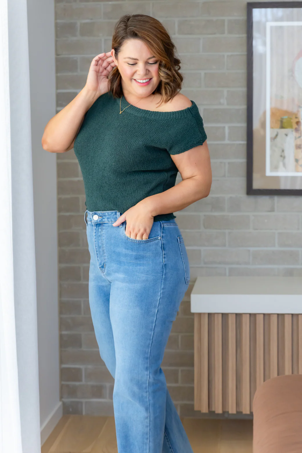 Hampton Off Shoulder Knit Top Dark Green - Image 7