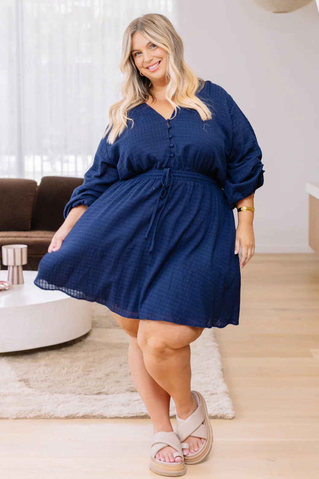 Final Sale | Mia Long Sleeve Elastic Waist Mini Dress Navy - Image 6